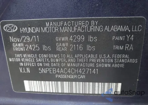 2012 Hyundai Sonata Gls z USA, uszkodzony, nr VIN 5NPEB4AC4CH427141